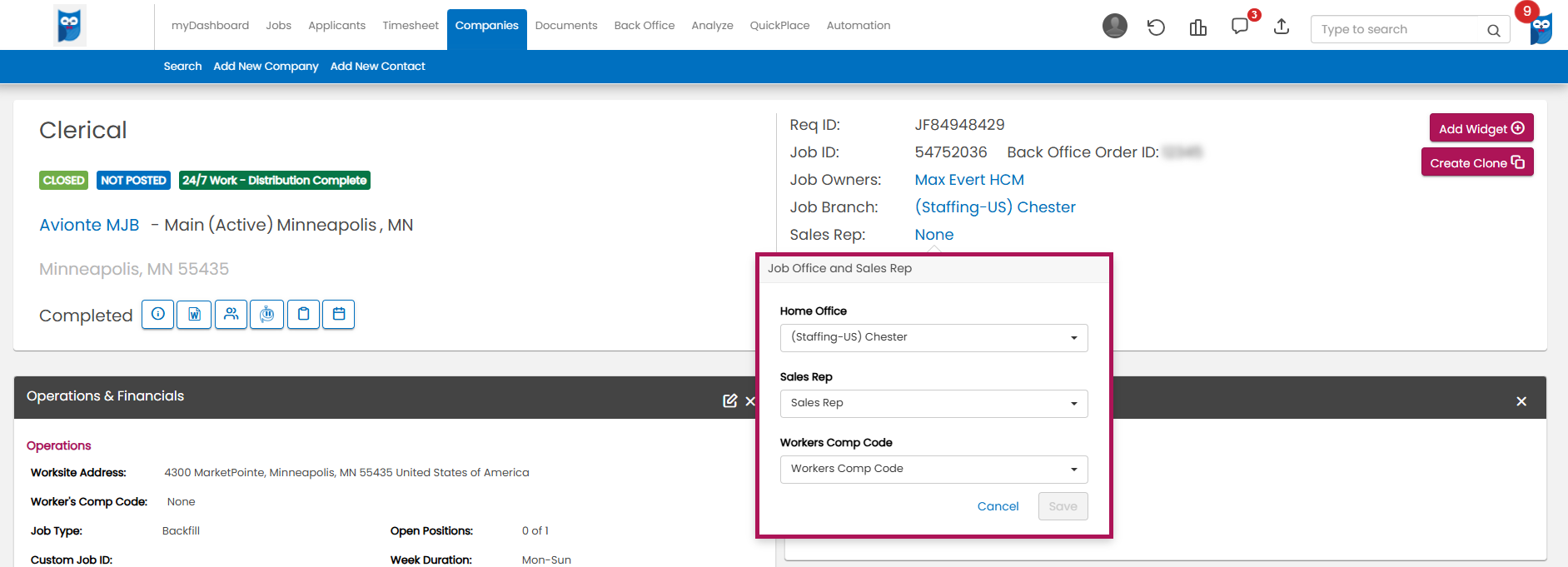 Job Office and Sales Rep modal showing Home Office, Sales Rep, and Workers Comp Code fields