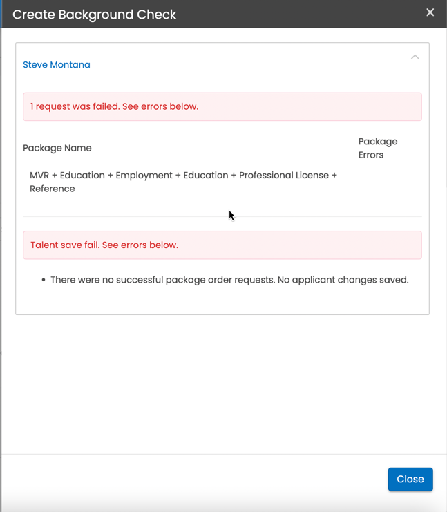 Order request validation error message