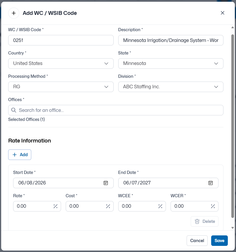Add WC/WSIB Code modal showing all fields including Rate Information section