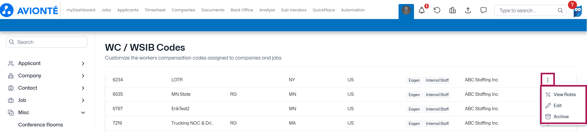 WC/WSIB Codes list showing ellipses menu with View Rates, Edit, and Archive options