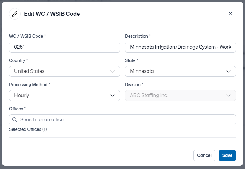 Edit WC/WSIB Code modal