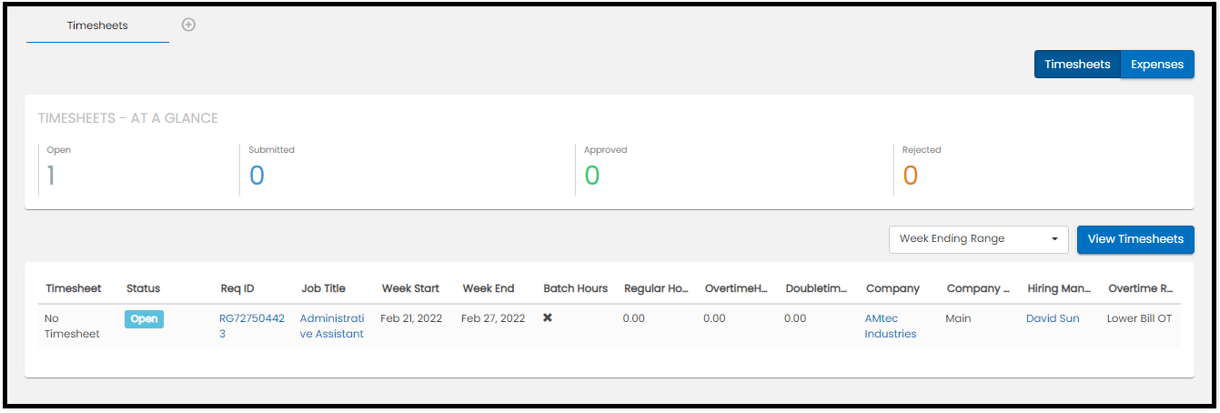 Timesheets tab
