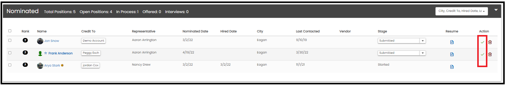 Job Talent Screen showing the green checkmark icon