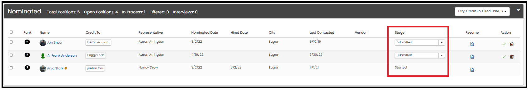 Stage column dropdown in the Job Talent Screen