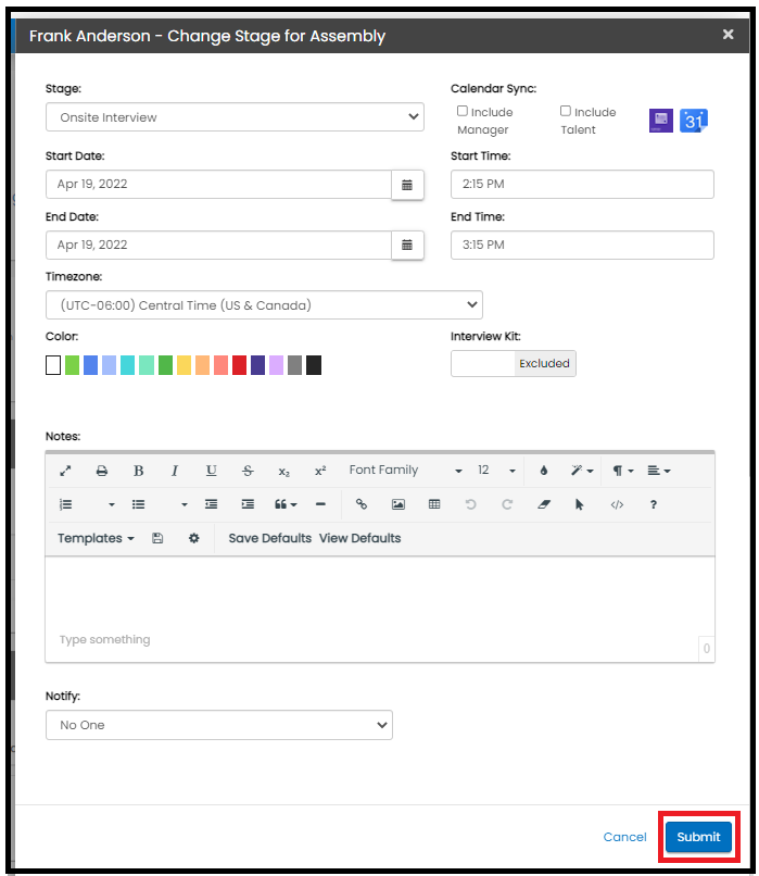 Submit button in the nomination stage flyout