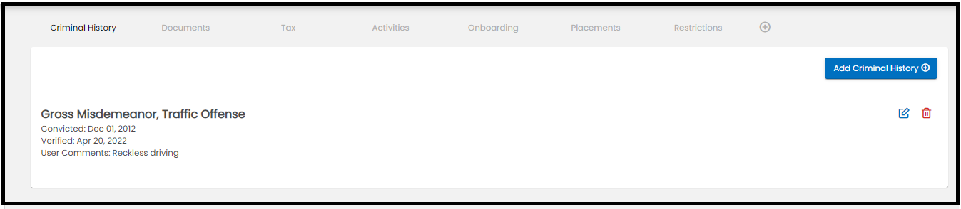 Criminal History tab