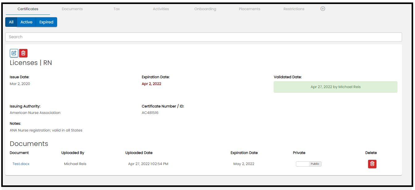 Certificates tab