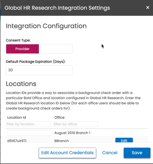 Global HR Research integration settings screen