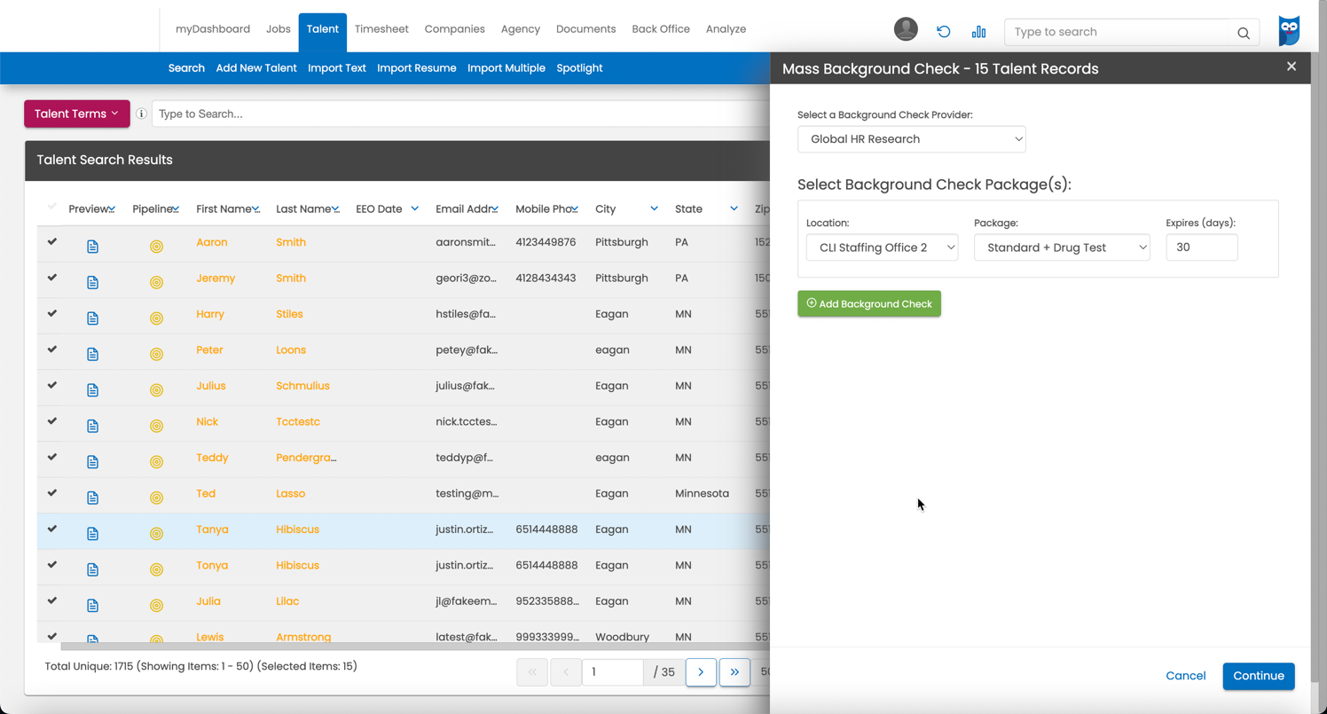 Mass Background Check order screen — Staffing Company Consent