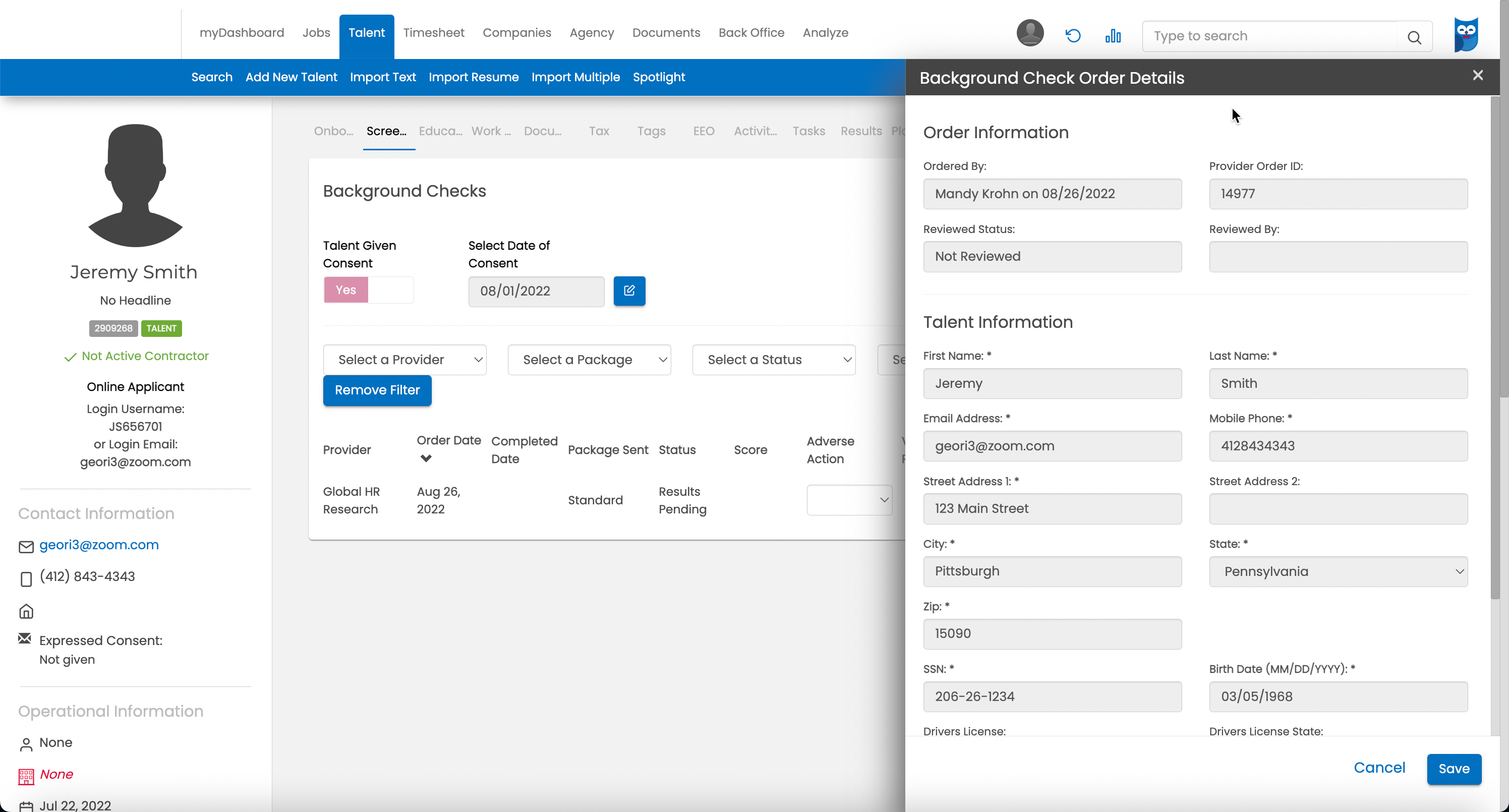 Background check order details on the Talent Screenings page