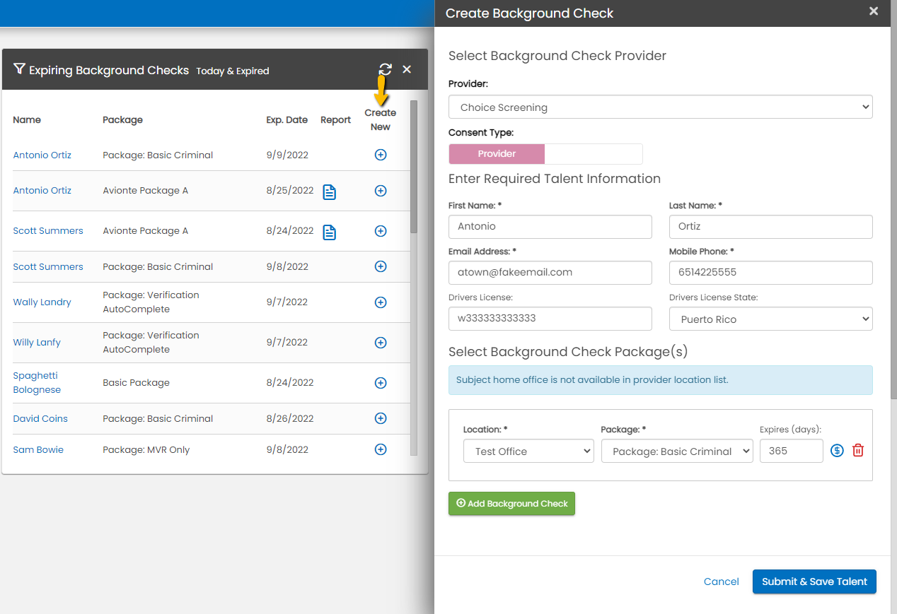 Create New button for re-ordering background checks from the widget